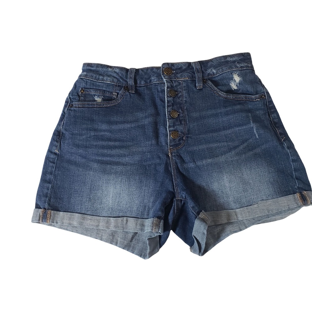 Time and Tru Womens High Rise Button Fly Distressed Denim Shorts Blue Size 10